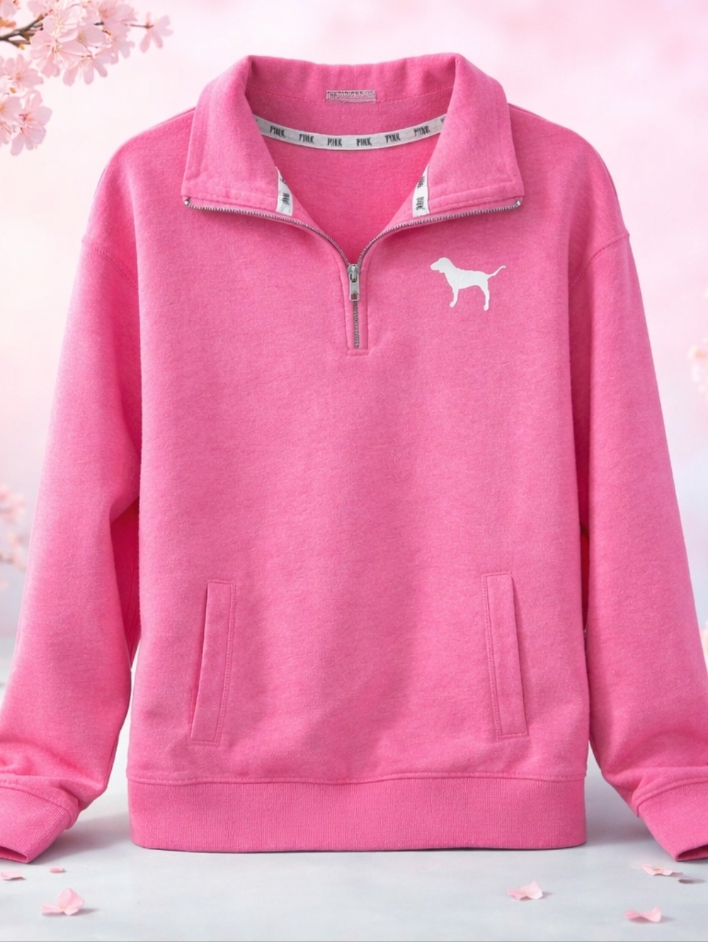 PINK Victoria's Secret Bright Pink Half-Zip Pullover with Dog Logo
